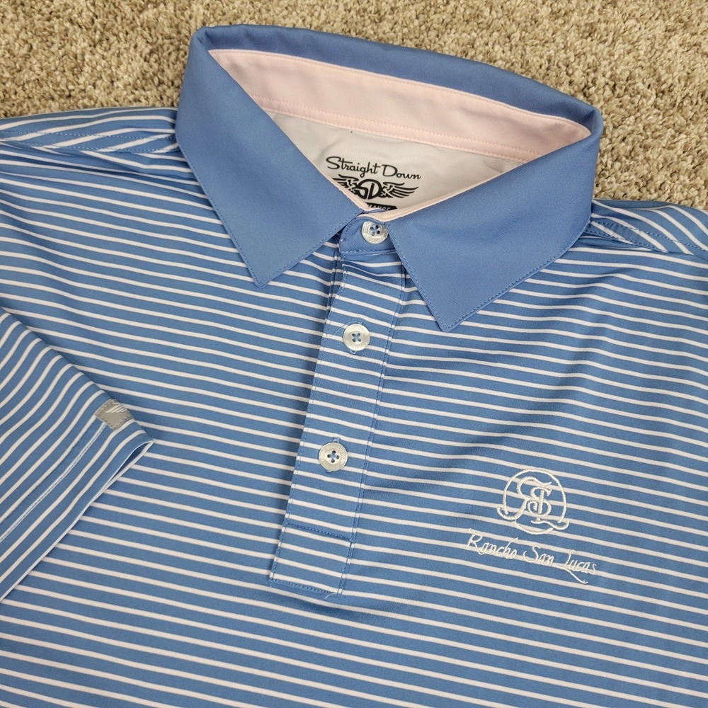Straight Down Mens Large Blue White Striped Performance Stretch Golf Polo SS